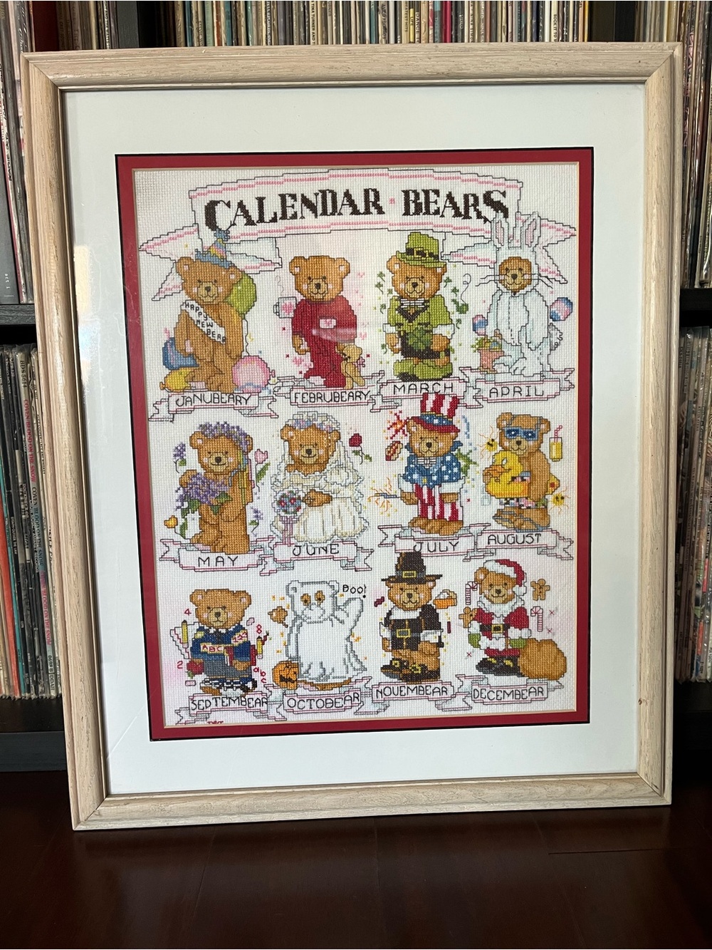 Framed Completed Calendar Bears Cross
stitch Art needlework folk 80s 90s 🐻 🇺🇸 🗓️